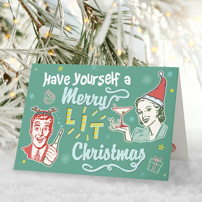 Merry Lit Christmas Retro Midcentury Modern Funny Card (Creator Uploaded)