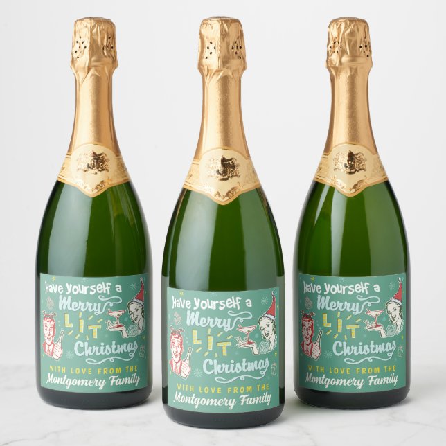Merry Lit Christmas Retro Midcentury Modern Funny Sparkling Wine Label (Bottles)