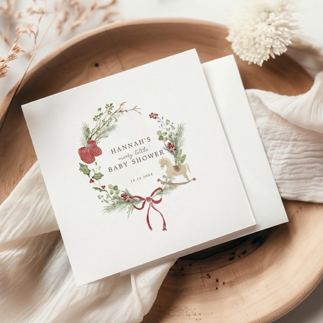 Merry Little Baby Shower Red Bow Wreath Napkin (Creator Uploaded)