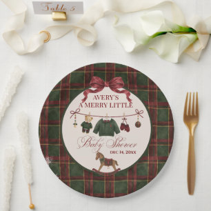 Merry Little Baby Shower, Red Green Plaid Bow Paper Plate