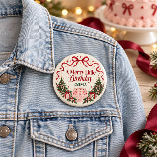 Merry Little Birthday Christmas Trees Pink Cake 3 Inch Round Button