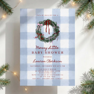 Merry Little Blue Gingham Wreath Baby Shower Invitation