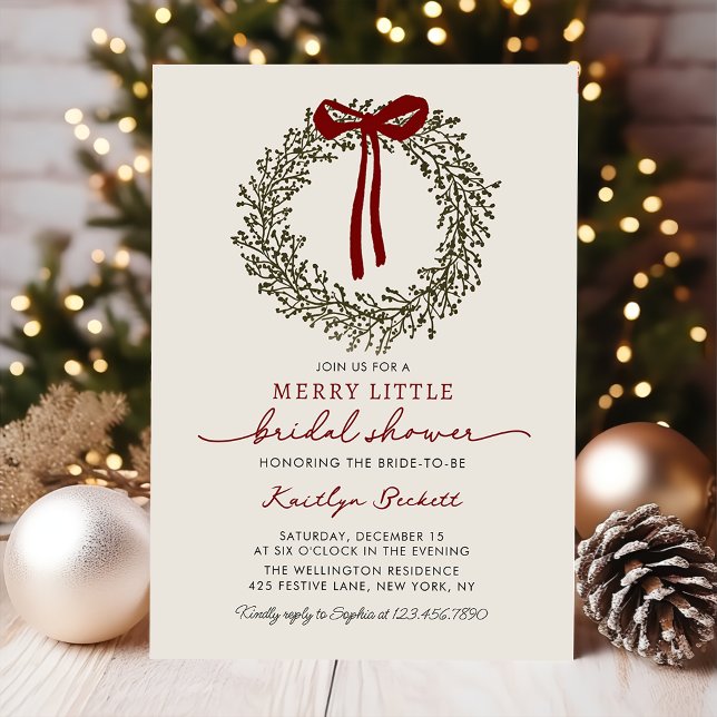 Merry Little Bow Christmas Wreath Bridal Shower Invitation (Creator Uploaded)