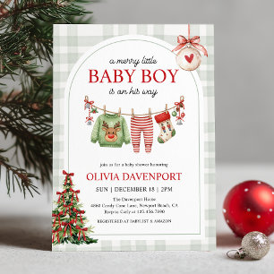 Merry Little Boy Gingham Christmas Baby Shower Invitation