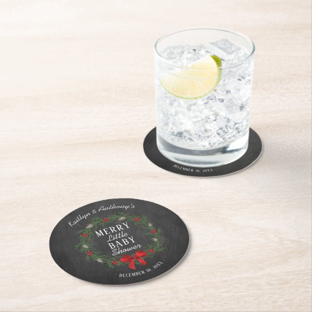 Merry Little Christmas Baby Shower Round Paper Coaster (Insitu)