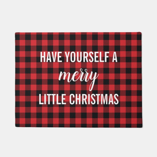 Merry Little Christmas Buffalo Check Plaid Doormat (Front)