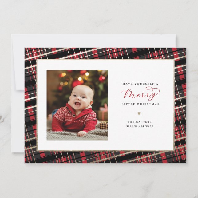 Merry Little Christmas Card Red Plaid Faux Foil (Front)