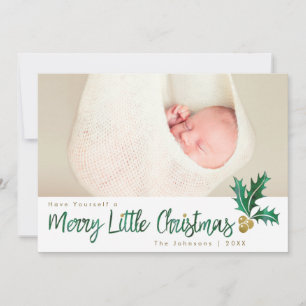 Merry Little Christmas Green Gold Holly Watercolor Holiday Card