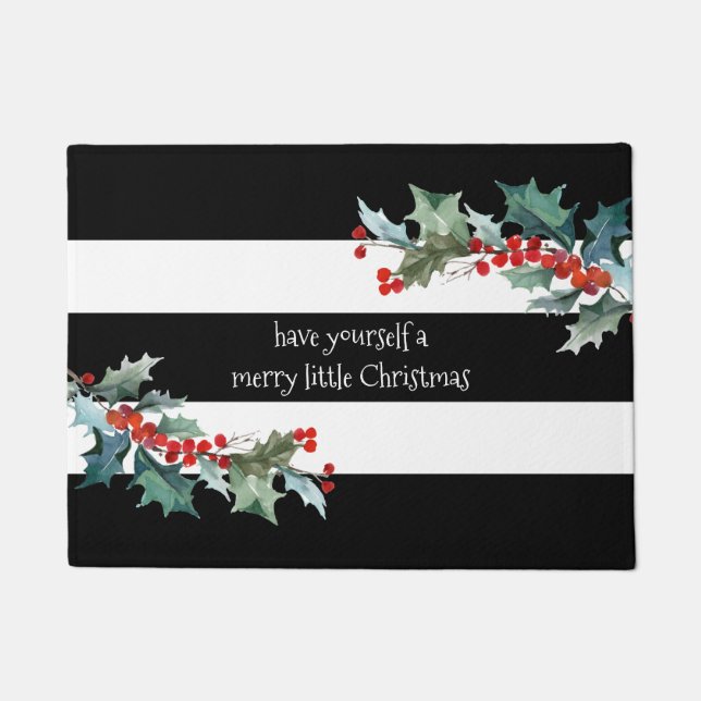 Merry Little Christmas Holiday Stripes and Holly Doormat (Front)