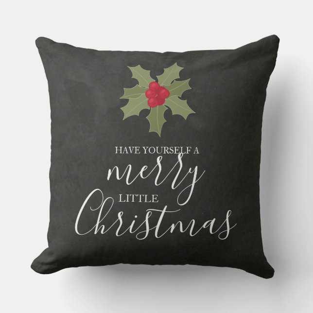 Merry Little Christmas Holly & Slate Holiday Throw Pillow (Front)