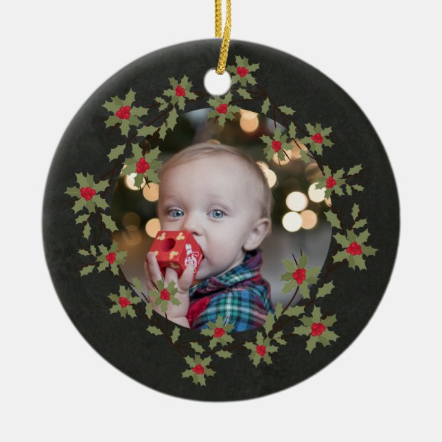 Merry Little Christmas Holly Wreath Photo Ceramic Ornament (Front)