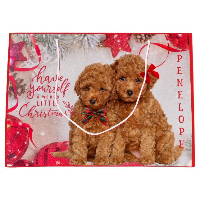 Merry Little Christmas Poodle Puppies Personalized Large Gift Bag (Front)