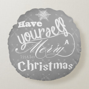 Merry Little Christmas Red and Grey Crossed Arrows Round Pillow