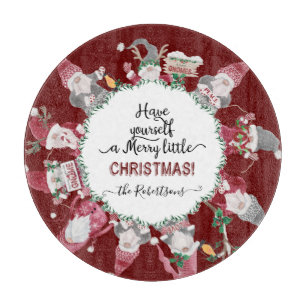 Merry Little Christmas Red Grey Gnomes Santa Hats Cutting Board