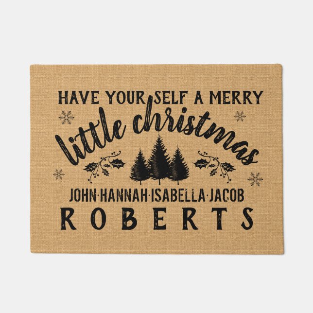 Merry Little Christmas Rustic Pines Custom Burlap Doormat (Front)