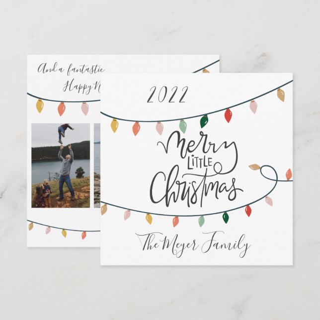 Merry Little Christmas Script Tree Lights 3 Photo Holiday Card (Front/Back)