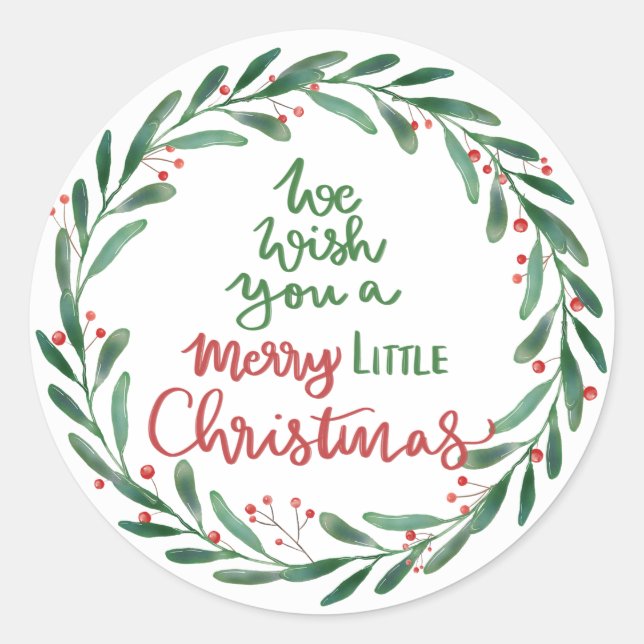Merry Little Christmas Script | Wreath  Classic Round Sticker (Front)