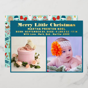 Merry Little Christmas Typography 3 Photo Birth Foil Holiday Card