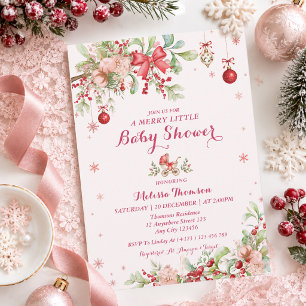 Merry Little Christmas Winter Red Bow Baby Shower Invitation