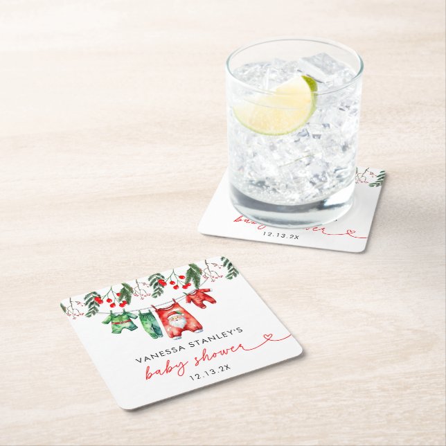Merry Little Floral Christmas Santa Baby Shower Square Paper Coaster (Insitu)