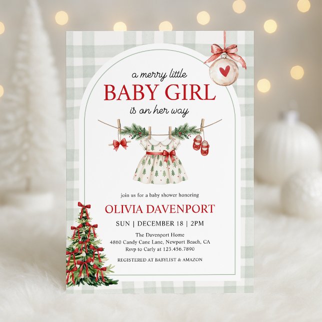 Merry Little Girl Gingham Christmas Baby Shower Invitation (Creator Uploaded)