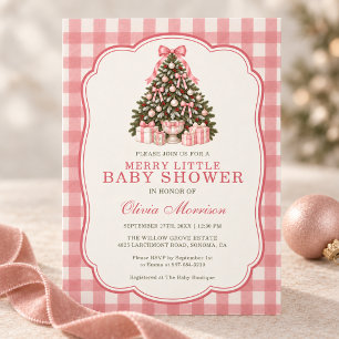 Merry Little Pink Bow Christmas Tree Baby Shower Invitation