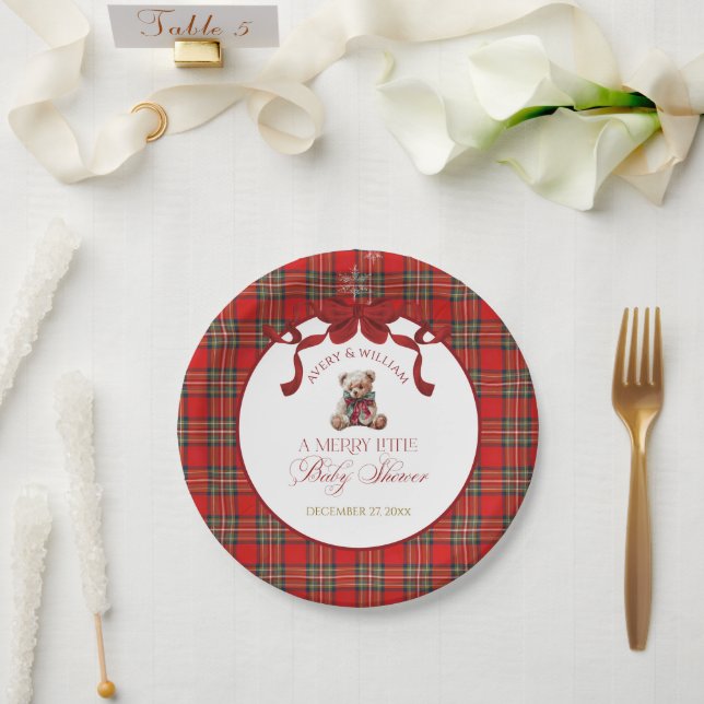 Merry Little Red Bow Christmas Plaid  Paper Plate (Wedding)