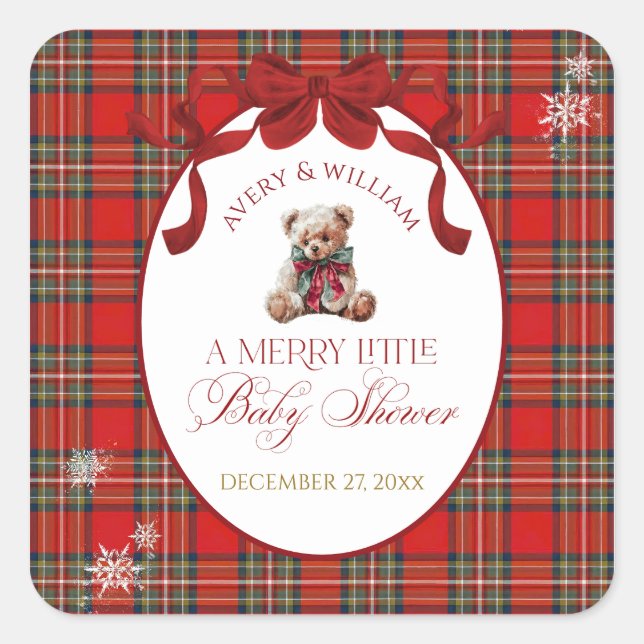 Merry Little Red Bow Christmas Plaid  Square Sticker (Front)