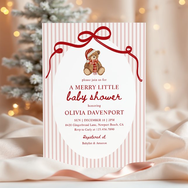 Merry Little Teddy Bear Red Christmas Baby Shower Invitation (Creator Uploaded)