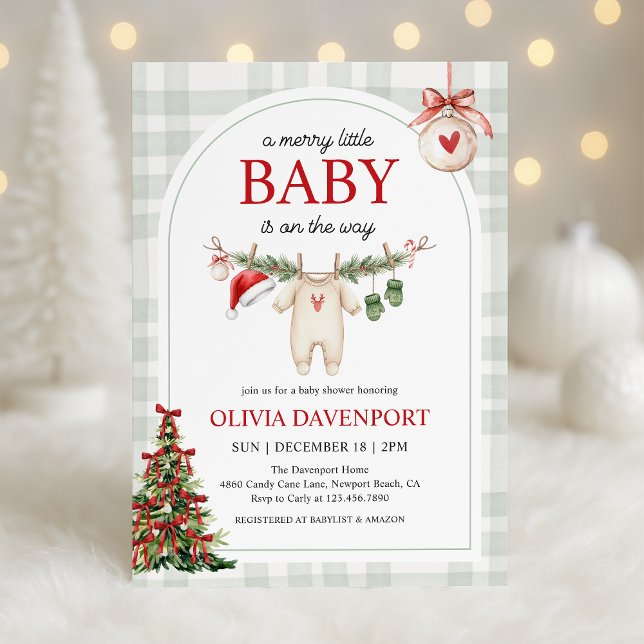 Merry Little Winter Gingham Christmas Baby Shower Invitation (Creator Uploaded)