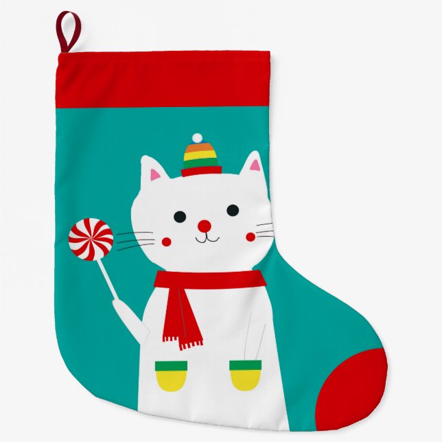 Merry Lollipop Personalized Kitty Cat Large Christmas Stocking (Front)