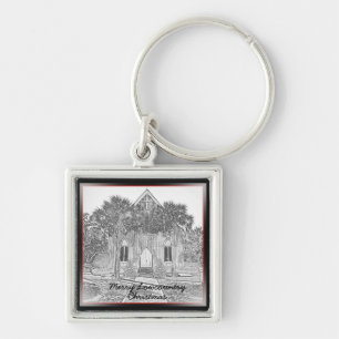 Merry Lowcountry Christmas Bluffton Church Sketch  Keychain