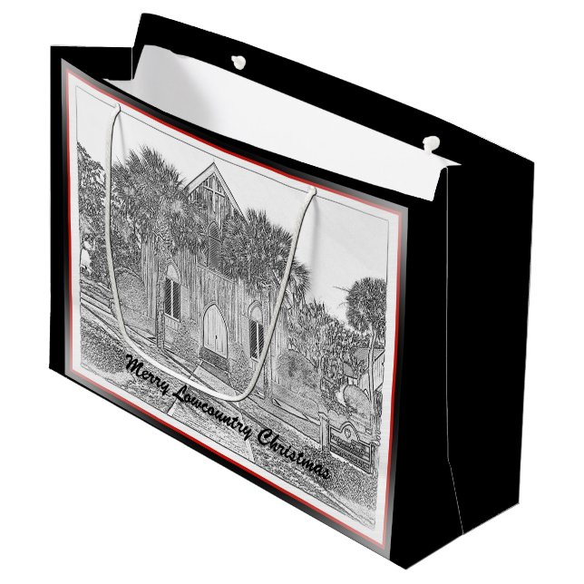 Merry Lowcountry Christmas Bluffton Church Sketch  Large Gift Bag (Front Angled)
