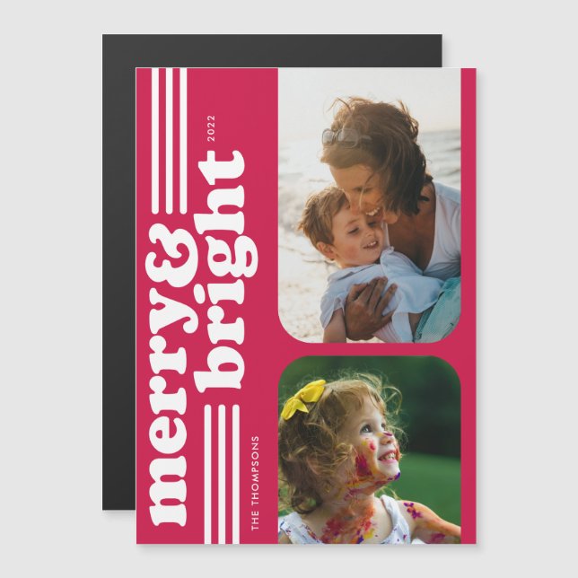 Merry magnétique et Carte photo Magenta rétro bril (Devant / Derrière)