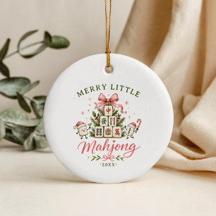 Merry Mahjong Christmas Tree Bow Ceramic Ornament