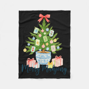 Merry Mahjong Christmas Tree Chinoiserie Holiday  Fleece Blanket