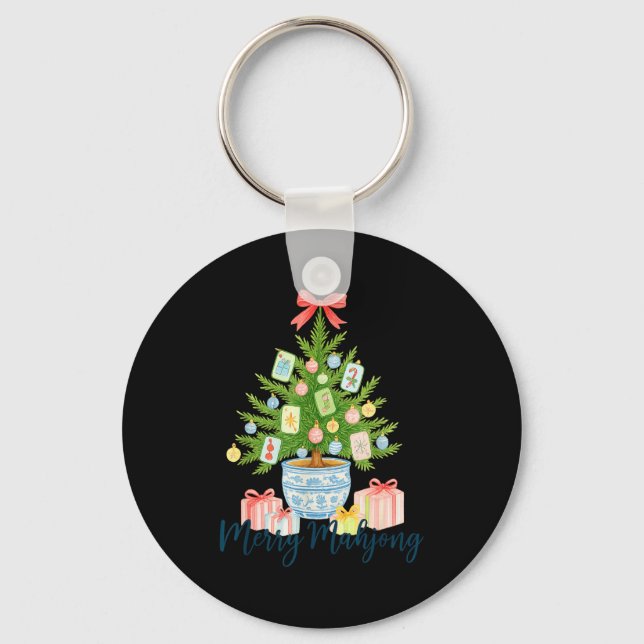 Merry Mahjong Christmas Tree Chinoiserie Holiday  Keychain (Front)