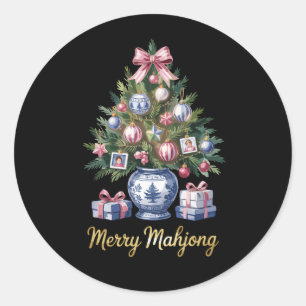 Merry Mahjong Christmas Tree Holiday Vase Xmas Classic Round Sticker