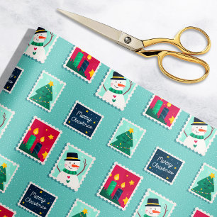 Merry Mail Teal Holiday Postage Stamps Pattern Wrapping Paper