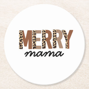"Merry Mama" Modern Color Block Leopard Boho Round Paper Coaster