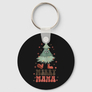Merry Mama Retro Christmas Tree Face Groovy Matchi Keychain
