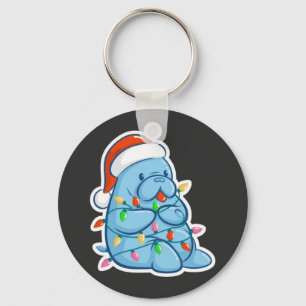 Merry Manatee Christmas Sea Cow Santa Hat Xmas Keychain