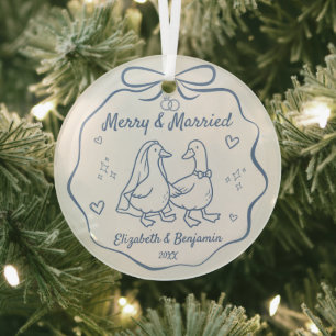 Merry & Married 1st Christmas Hand Drawn Goose Glass Ornament