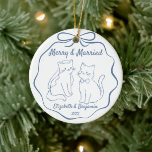 Merry & Married 1st Christmas Photo Hand Drawn Ceramic Ornament