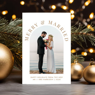 Merry Married Arch Photo White Gold Christmas Holiday Card