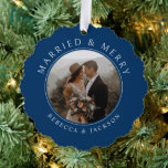 Merry Married Blue Wedding Photo Christmas Ornament Card<br><div class="desc">Merry Married Blue Wedding Photo Christmas Ornament Card</div>