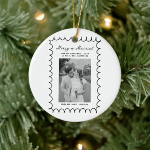Merry & Married Bow Photo Christmas Newlyweds Ceramic Ornament