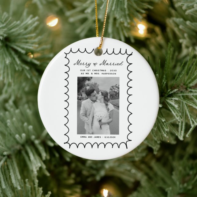Merry & Married Bow Photo Christmas Newlyweds Ceramic Ornament (Tree)