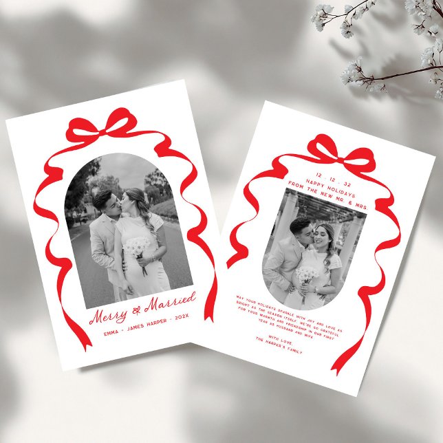 Merry & Married Bow Photo Christmas Newlyweds Holiday Card (Creator Uploaded)