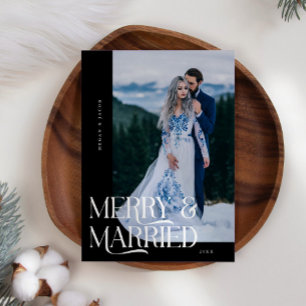 Merry & Married Christmas Newlywed Photo Black Holiday Card
